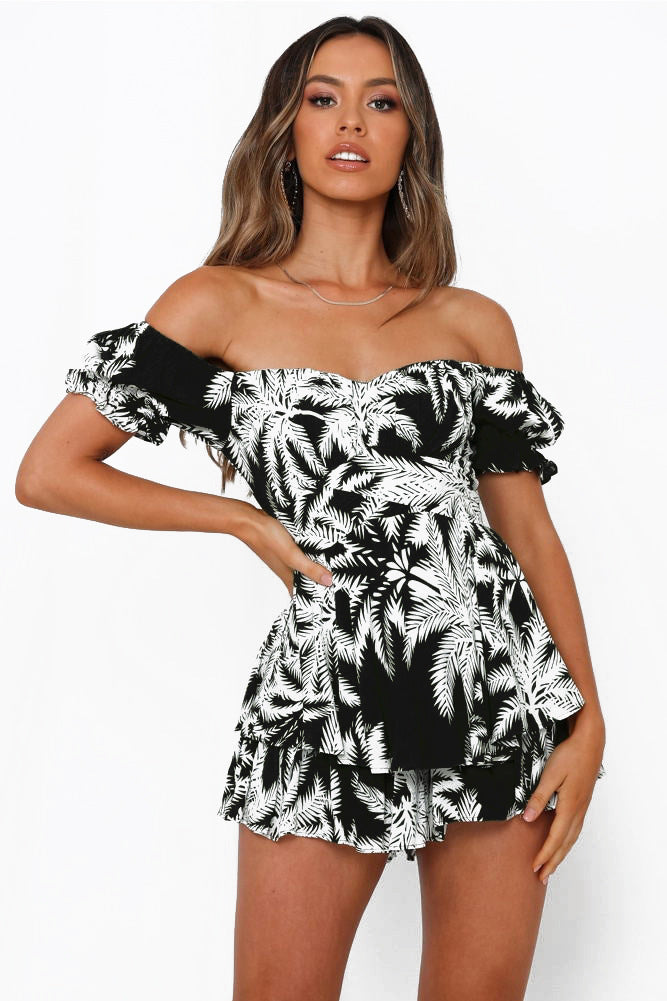New Printed Strapless Waist Sexy Ruffle Jumpsuit-Carmine Aether-L-2460 Black 006-Urbanheer