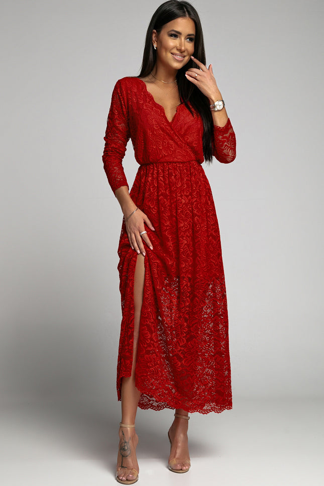 Red Long Sleeve V Neck Lace Maxi Dress with Split-UHXC-Urbanheer