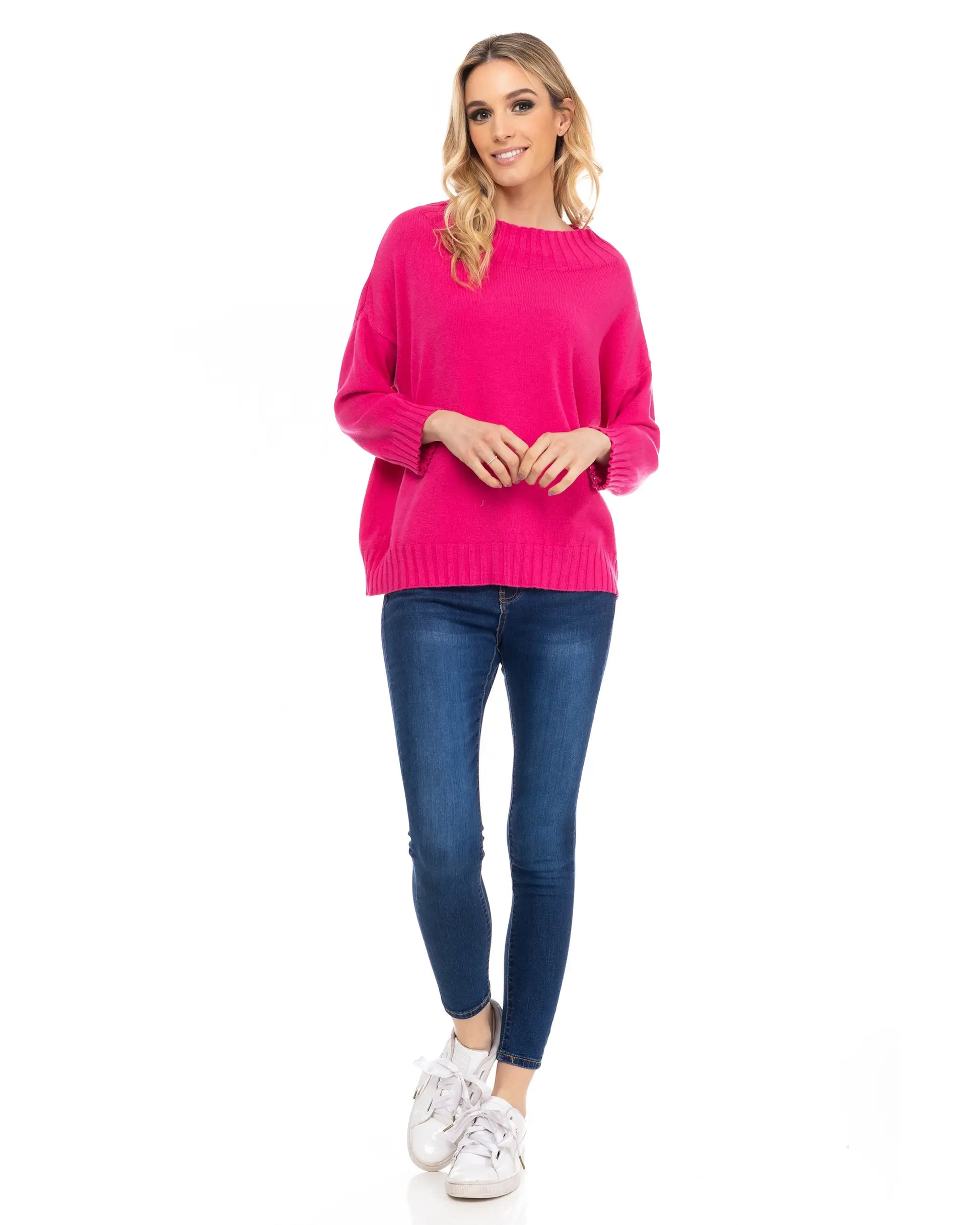 Fuchsia Knitted Sweater With Perkins Collar & French Sleeves.-Tantra-S-Urbanheer