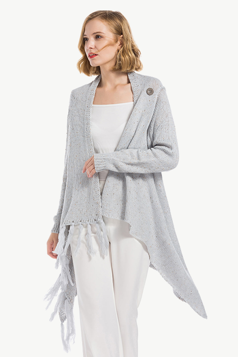 One-Button Tassel Tie Asymmetrical Hem Cardigan-Street 360-Gray-S-Urbanheer