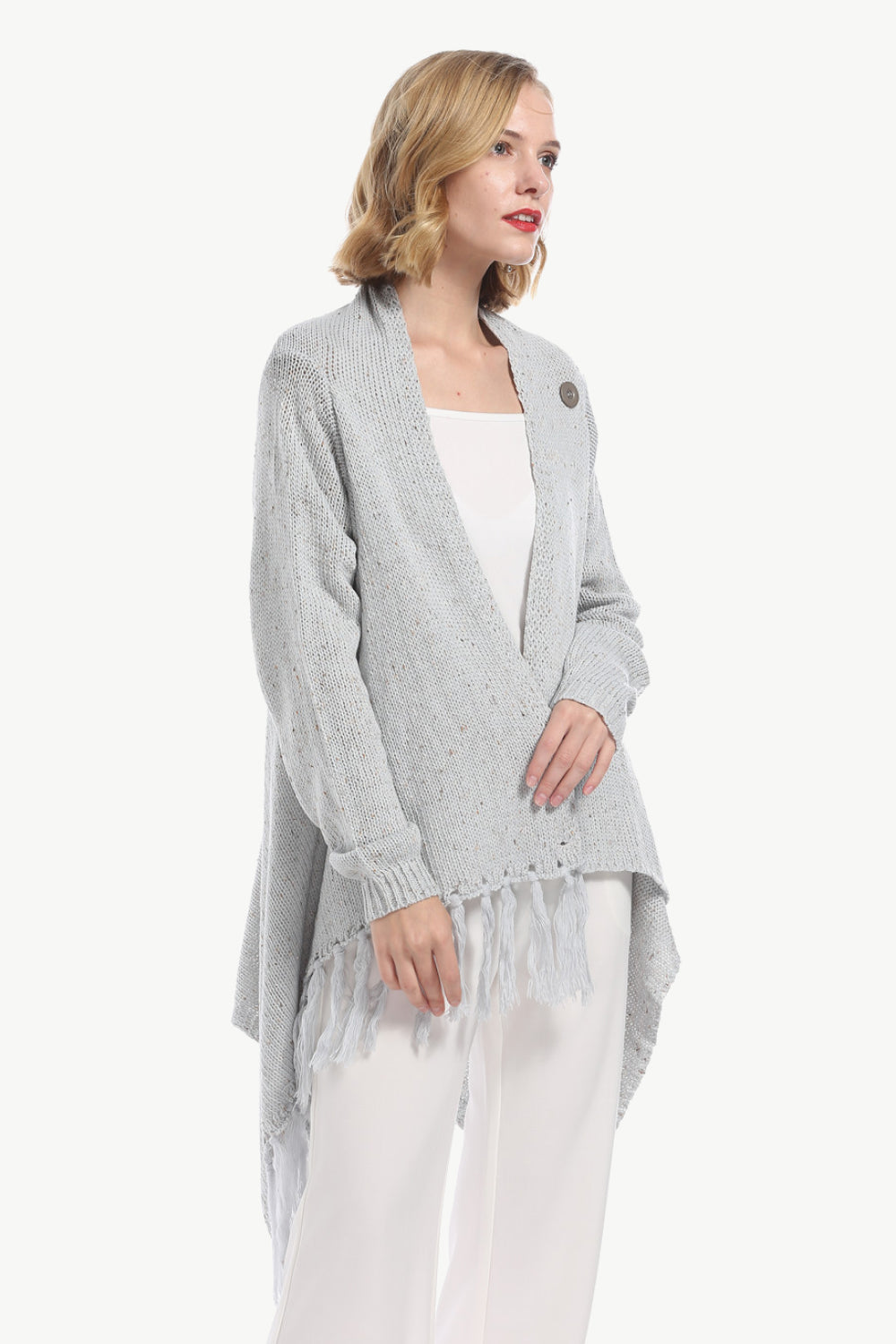 One-Button Tassel Tie Asymmetrical Hem Cardigan-Street 360-Dark Gray-S-Urbanheer