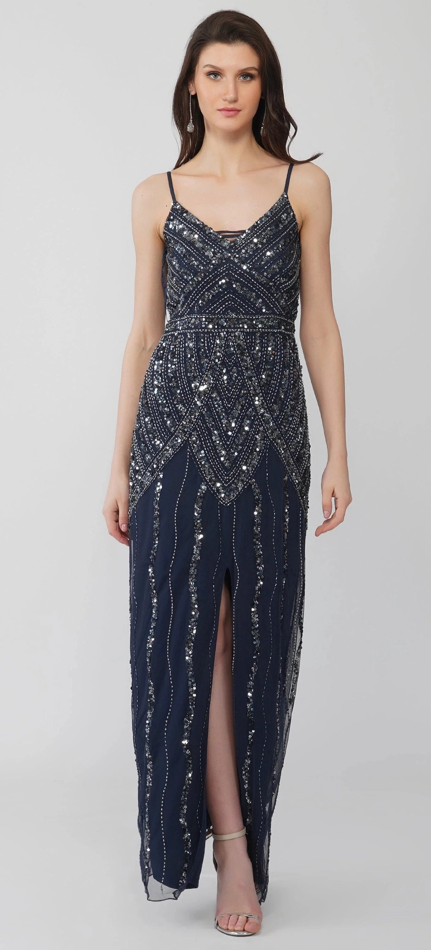 Jolie Embellished Maxi Dress in Navy Blue.-lace and beads-UK 14-Urbanheer