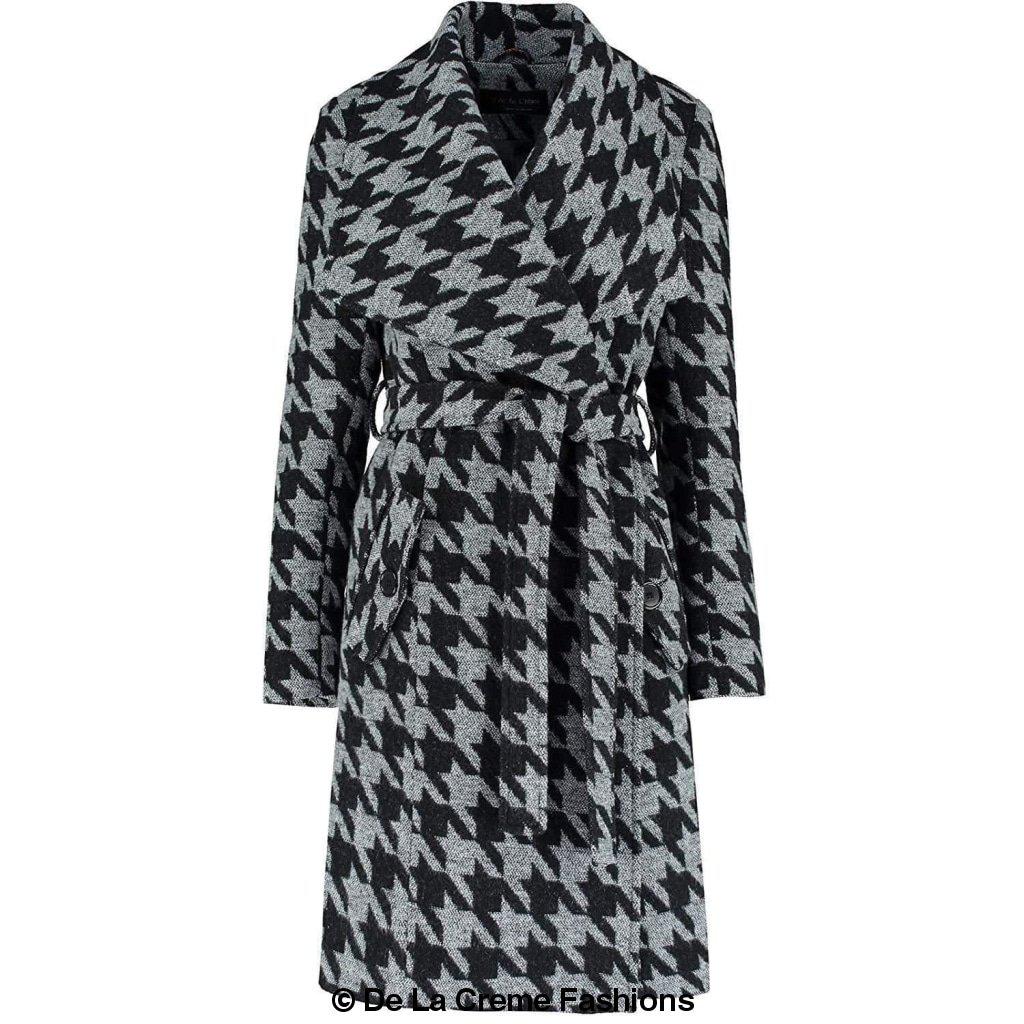 De La Creme - Womens Dogtooth Grey Duster Coat-Rose Eleusis-UK 10/EU 38/US 6-Grey Dogtooth-Urbanheer