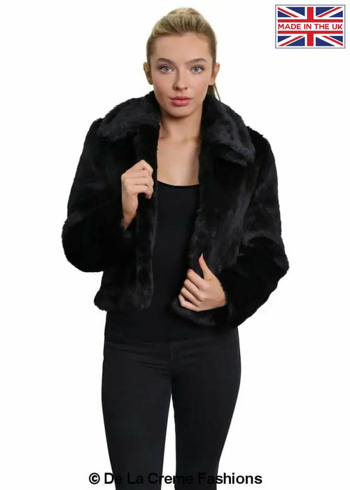 De La Creme Womens Faux Fur Cropped Aviator Bomber-Rose Eleusis-UK 10/EU 38/US 6-Black-Urbanheer