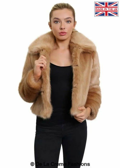 De La Creme Womens Faux Fur Cropped Aviator Bomber-Rose Eleusis-UK 10/EU 38/US 6-Camel-Urbanheer