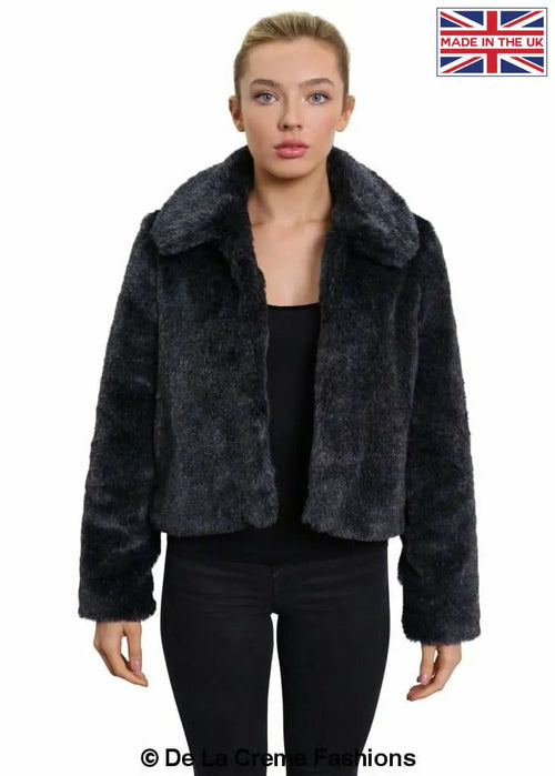 De La Creme Womens Faux Fur Cropped Aviator Bomber-Rose Eleusis-UK 10/EU 38/US 6-Grey-Urbanheer