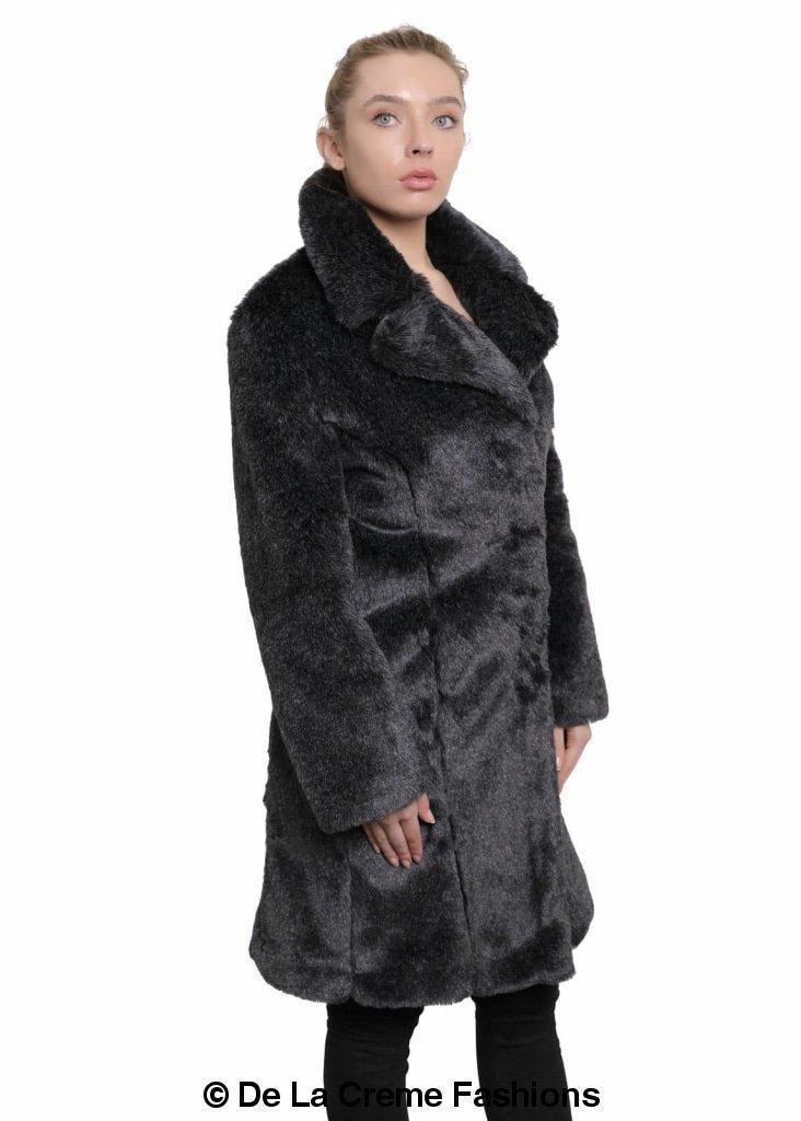 De La Creme - Womens Faux Fur Large Lapel Mid Length Coat-Rose Eleusis-UK 10/EU 38/US 6-Black-Urbanheer