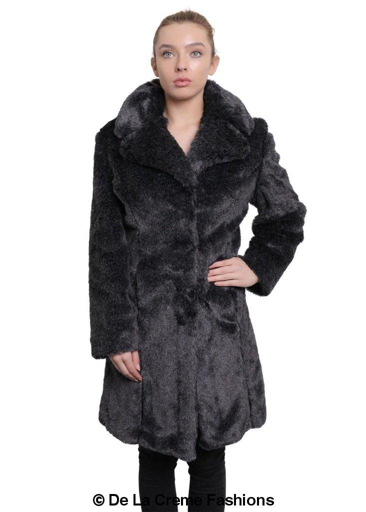 De La Creme - Womens Faux Fur Large Lapel Mid Length Coat-Rose Eleusis-UK 10/EU 38/US 6-Black-Urbanheer