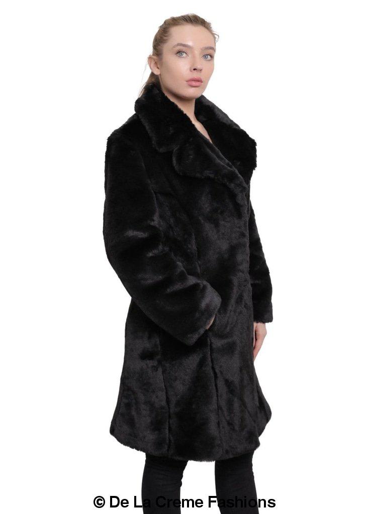 De La Creme - Womens Faux Fur Large Lapel Mid Length Coat-Rose Eleusis-UK 10/EU 38/US 6-Black-Urbanheer