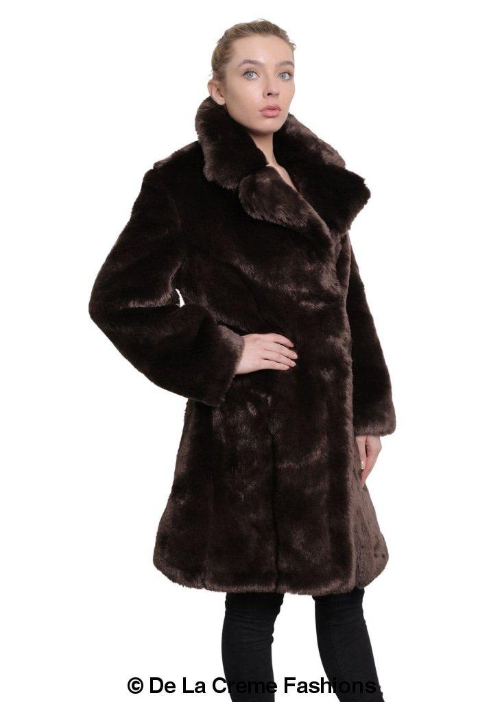 De La Creme - Womens Faux Fur Large Lapel Mid Length Coat-Rose Eleusis-UK 10/EU 38/US 6-Black-Urbanheer