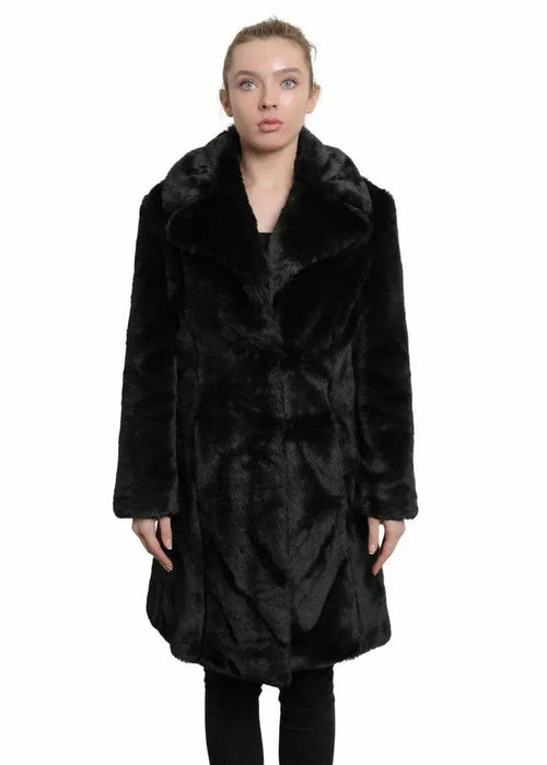De La Creme - Womens Faux Fur Large Lapel Mid Length Coat-Rose Eleusis-UK 10/EU 38/US 6-Black-Urbanheer
