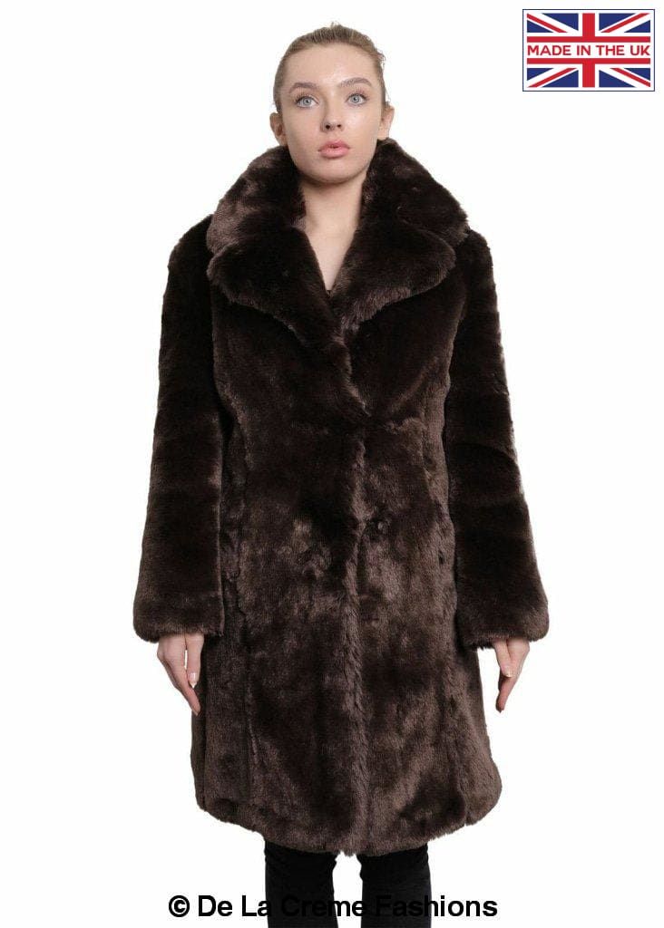 De La Creme - Womens Faux Fur Large Lapel Mid Length Coat-Rose Eleusis-UK 10/EU 38/US 6-Black-Urbanheer
