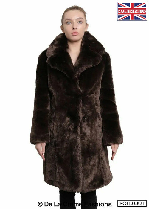 De La Creme - Womens Faux Fur Large Lapel Mid Length Coat-Rose Eleusis-UK 10/EU 38/US 6-Brown-Urbanheer