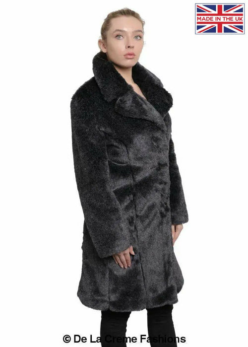 De La Creme - Womens Faux Fur Large Lapel Mid Length Coat-Rose Eleusis-UK 10/EU 38/US 6-Grey-Urbanheer