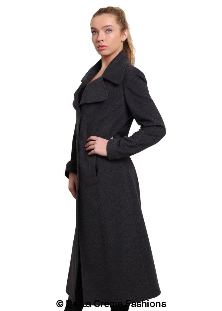 De La Creme - Womens Large Lapel Long Coat-Rose Eleusis-UK 10/EU 38/US 6-Black-Urbanheer