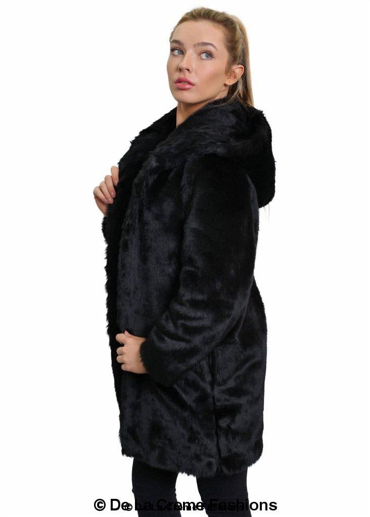 De La Creme - Women'S Luxury Faux Fur Jacket Ladies Hooded Winter Coat-Rose Eleusis-UK 10/EU 38/US 6-Black-Urbanheer