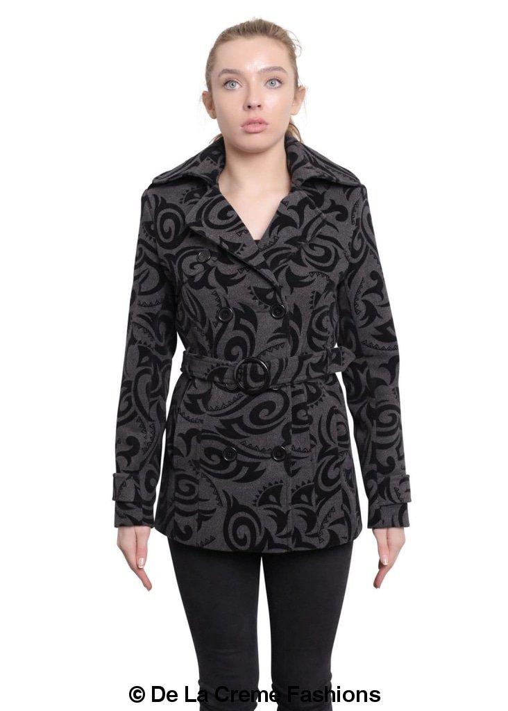 De La Creme - Womens Tribal Print Double Breasted Short Coat-Rose Eleusis-UK 10/EU 38/US 6-Black-Urbanheer