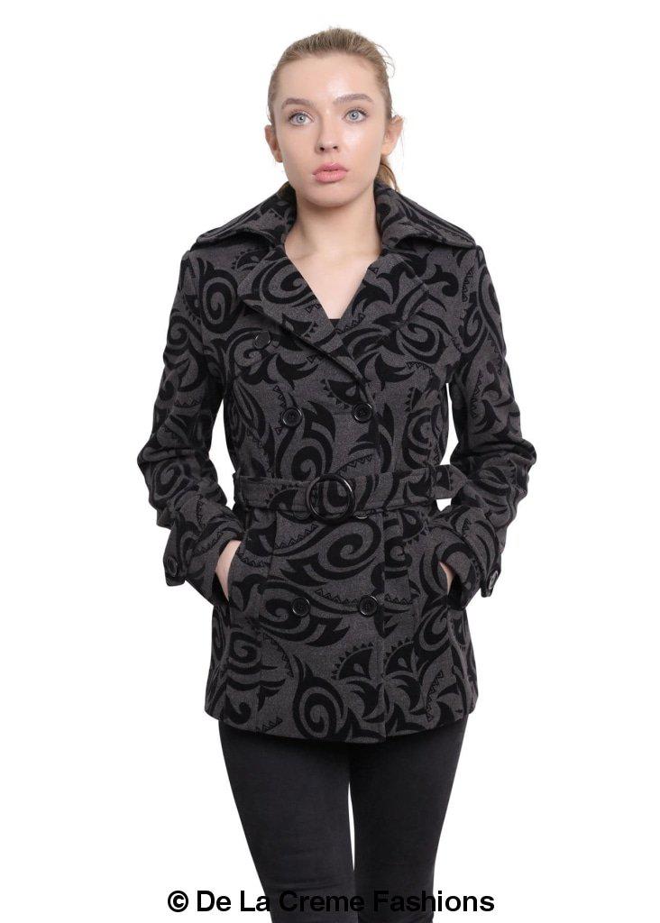 De La Creme - Womens Tribal Print Double Breasted Short Coat-Rose Eleusis-UK 10/EU 38/US 6-Black-Urbanheer
