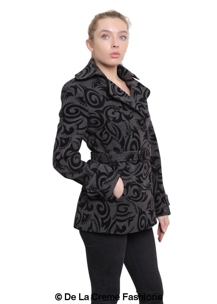 De La Creme - Womens Tribal Print Double Breasted Short Coat-Rose Eleusis-UK 10/EU 38/US 6-Black-Urbanheer