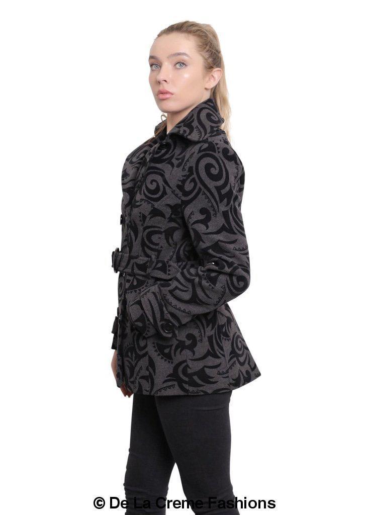 De La Creme - Womens Tribal Print Double Breasted Short Coat-Rose Eleusis-UK 10/EU 38/US 6-Black-Urbanheer