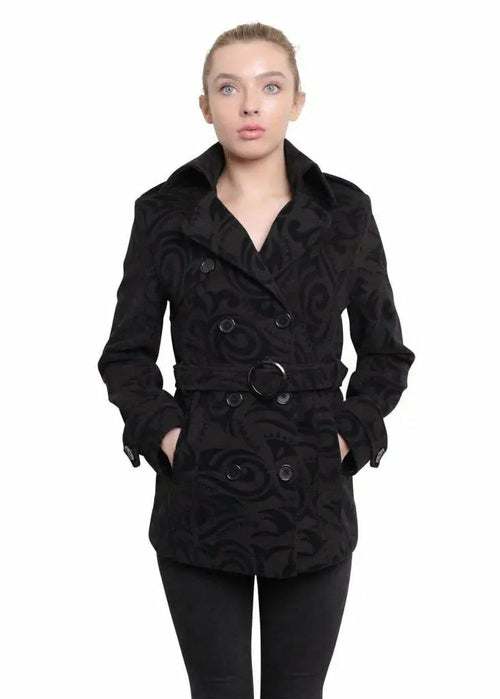 De La Creme - Womens Tribal Print Double Breasted Short Coat-Rose Eleusis-UK 10/EU 38/US 6-Black-Urbanheer