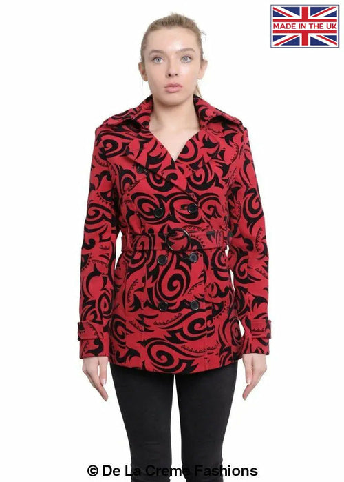 De La Creme - Womens Tribal Print Double Breasted Short Coat-Rose Eleusis-UK 10/EU 38/US 6-Red-Urbanheer