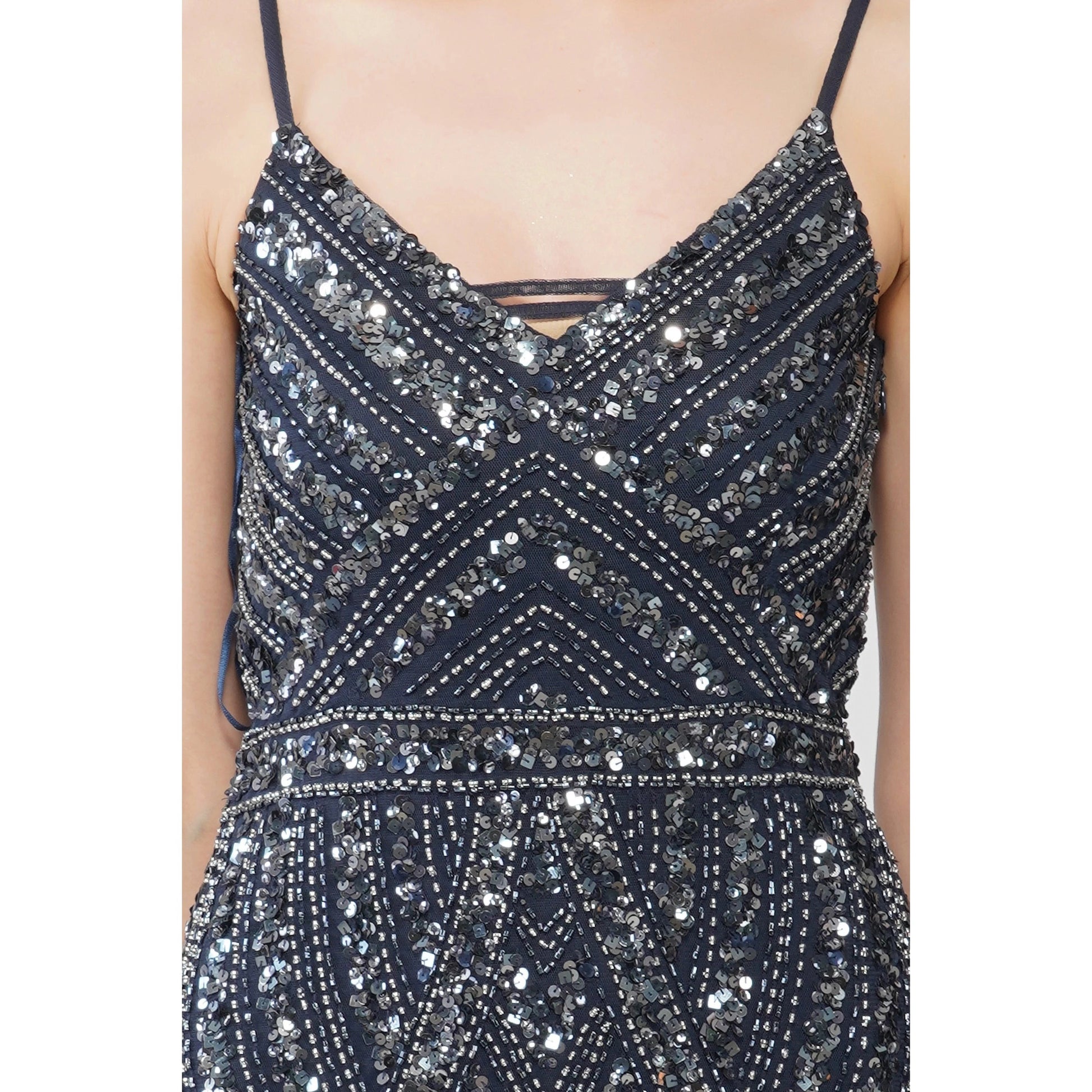 Jolie Embellished Maxi Dress in Navy Blue.-lace and beads-UK 14-Urbanheer