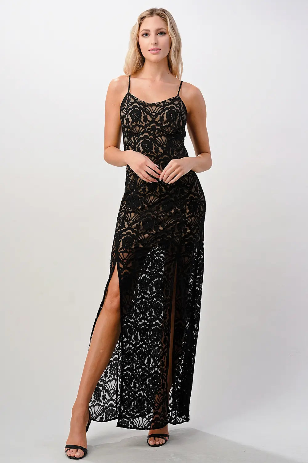 Front Slit Lace Maxi Dress - Black-MILEY + MOLLY-S-White-Urbanheer