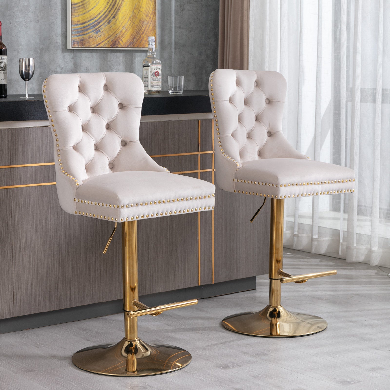 Set Of 2 Thick Golden Swivel Velvet Barstools-Table & Bar Stools-D BlakHom-Urbanheer