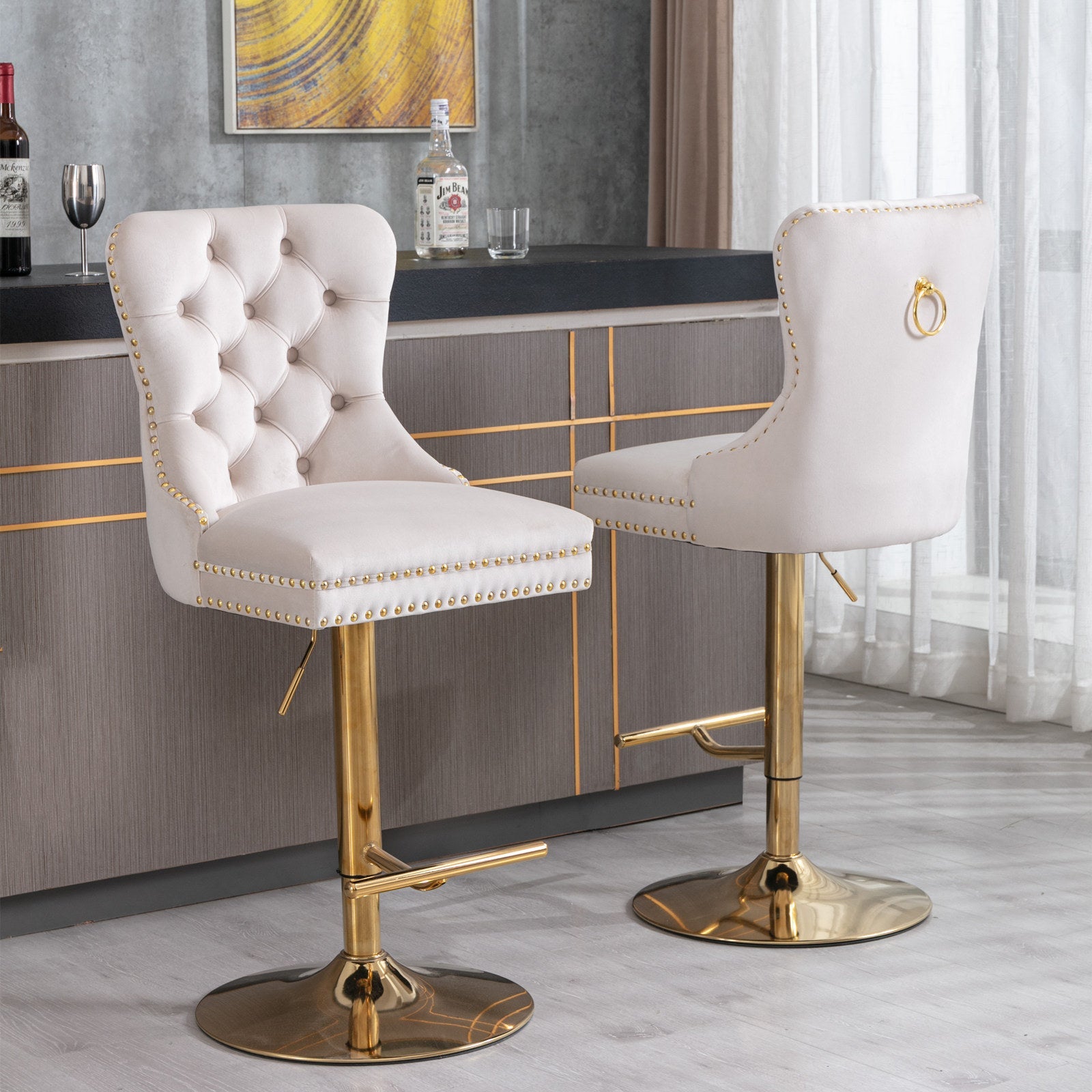 Set Of 2 Thick Golden Swivel Velvet Barstools-Table & Bar Stools-D BlakHom-Urbanheer