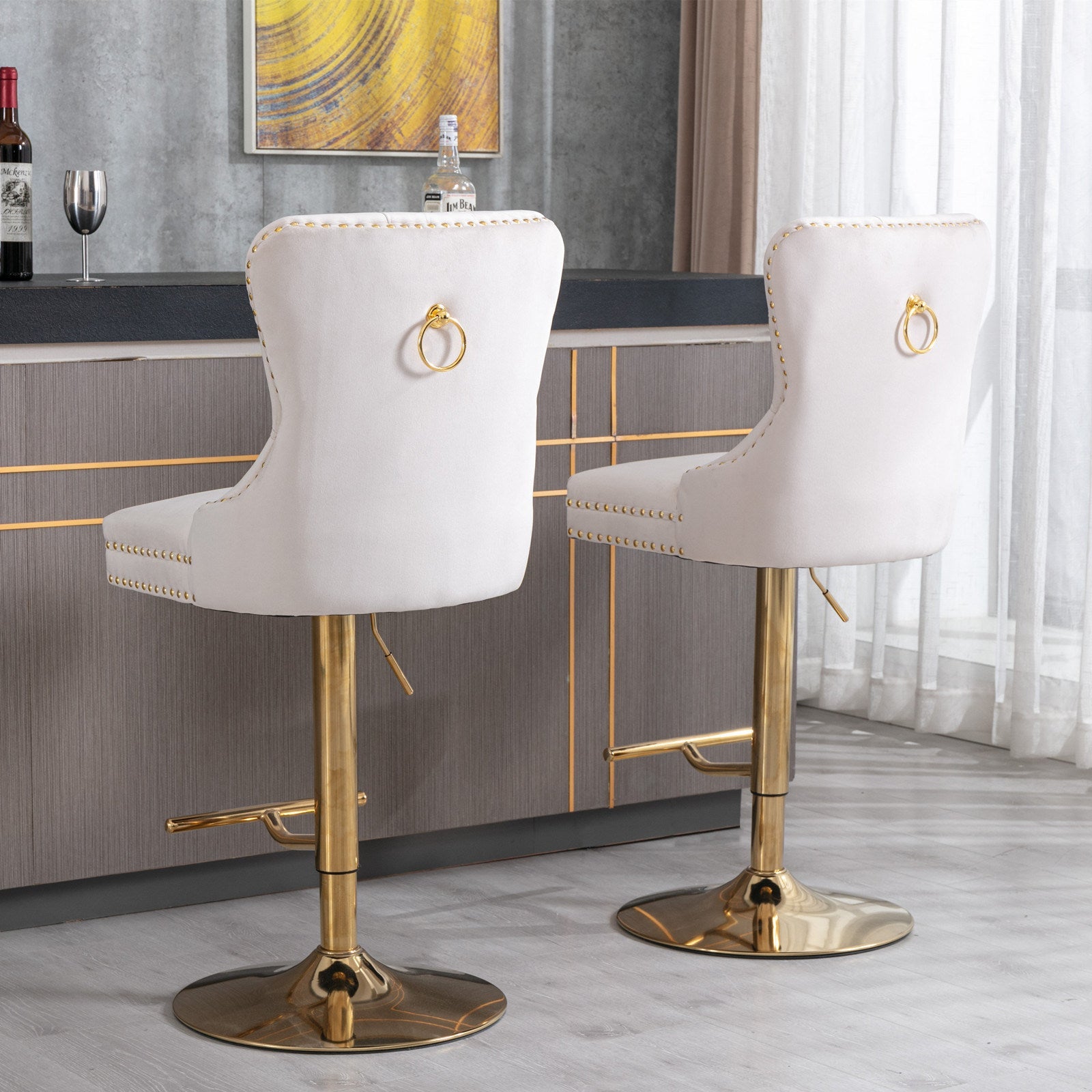 Set Of 2 Thick Golden Swivel Velvet Barstools-Table & Bar Stools-D BlakHom-Urbanheer