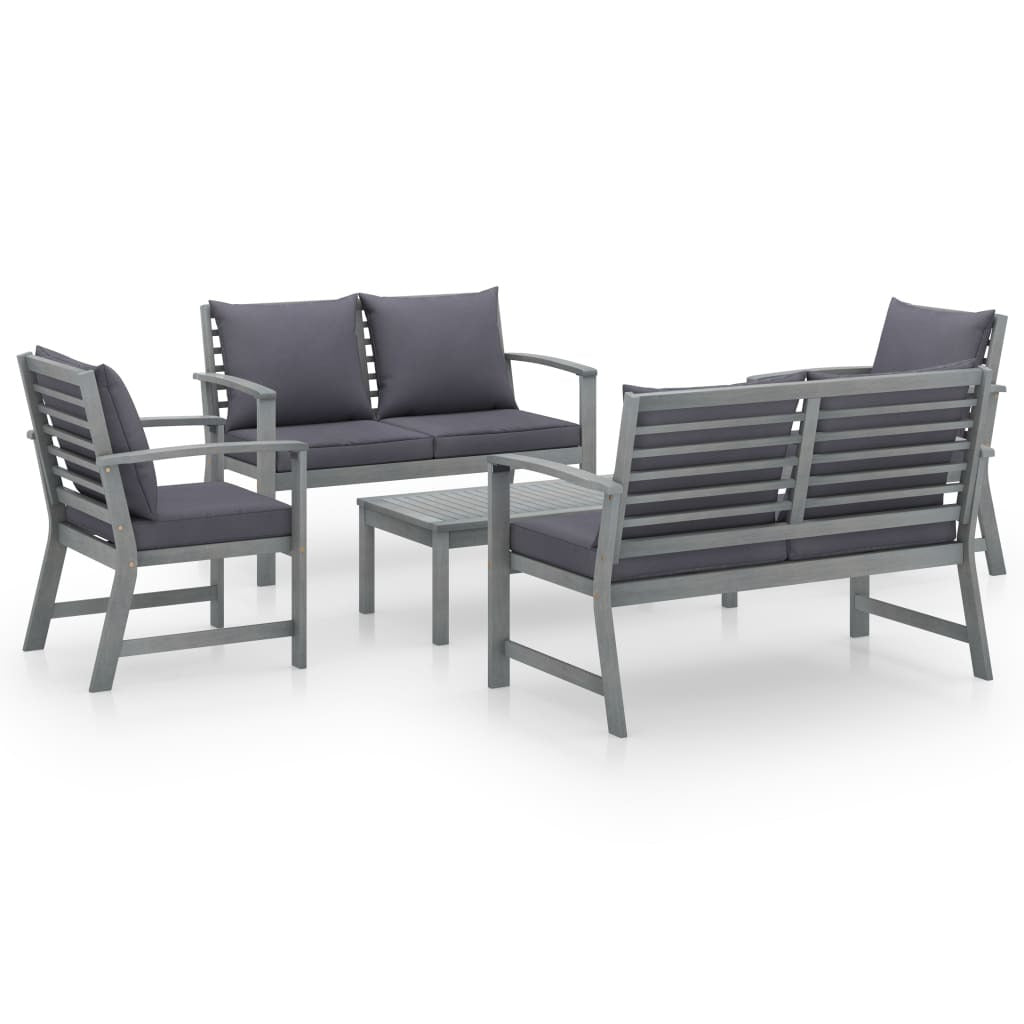 5 Piece Garden Lounge Set With Cushion Solid Acacia Wood Gray-Outdoor Living-D BlakHom-Urbanheer