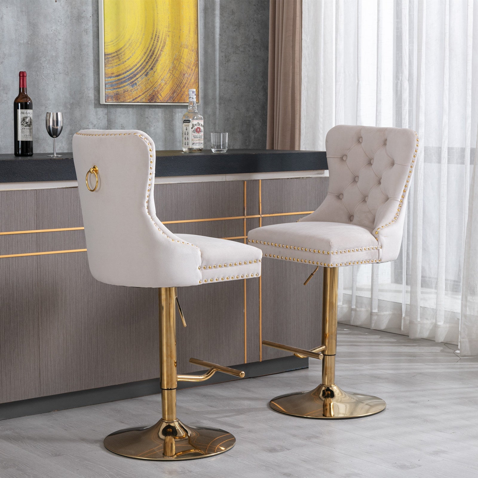 Set Of 2 Thick Golden Swivel Velvet Barstools-Table & Bar Stools-D BlakHom-Urbanheer