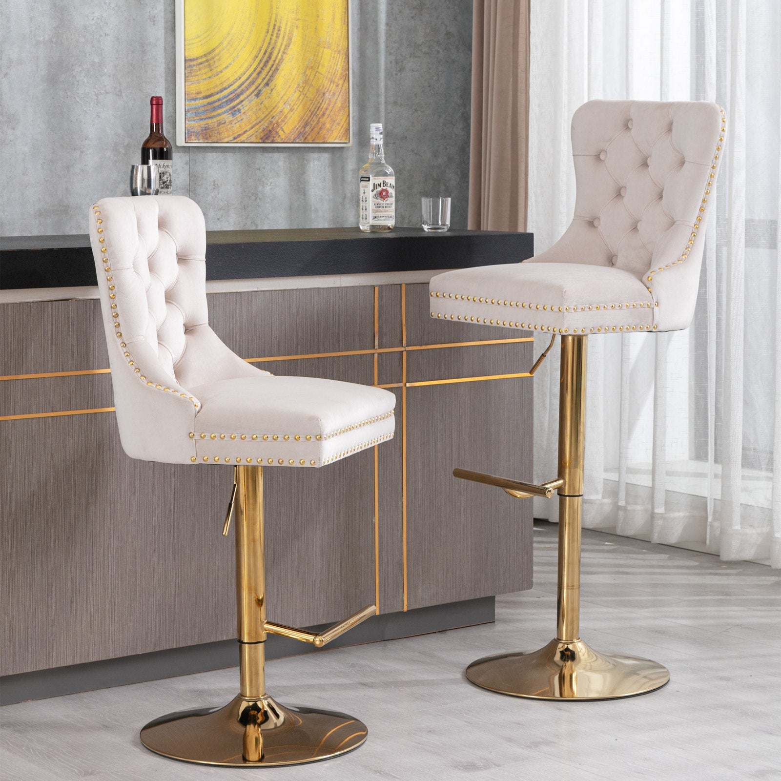 Set Of 2 Thick Golden Swivel Velvet Barstools-Table & Bar Stools-D BlakHom-Urbanheer