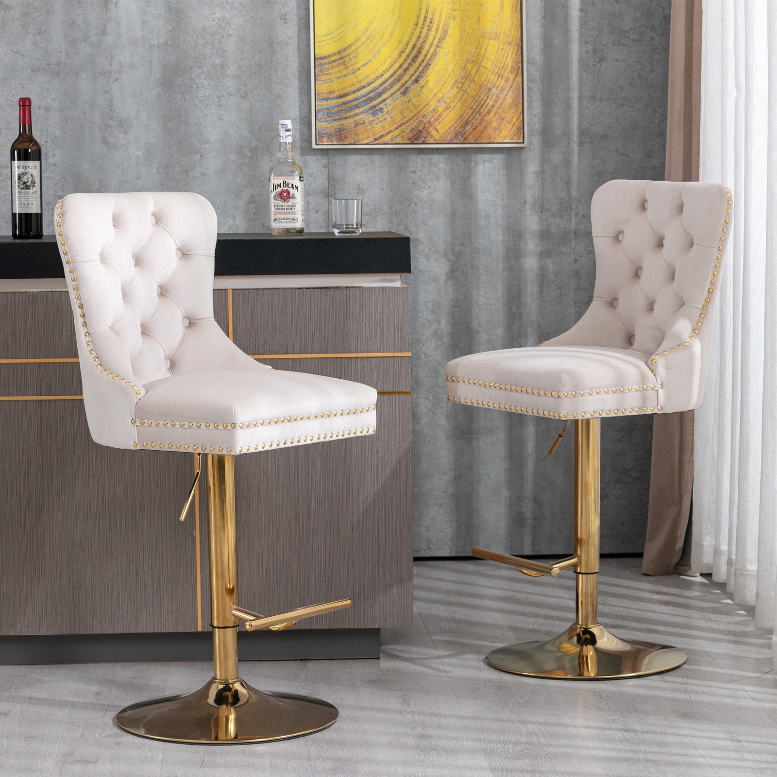 Set Of 2 Thick Golden Swivel Velvet Barstools-Table & Bar Stools-D BlakHom-Urbanheer