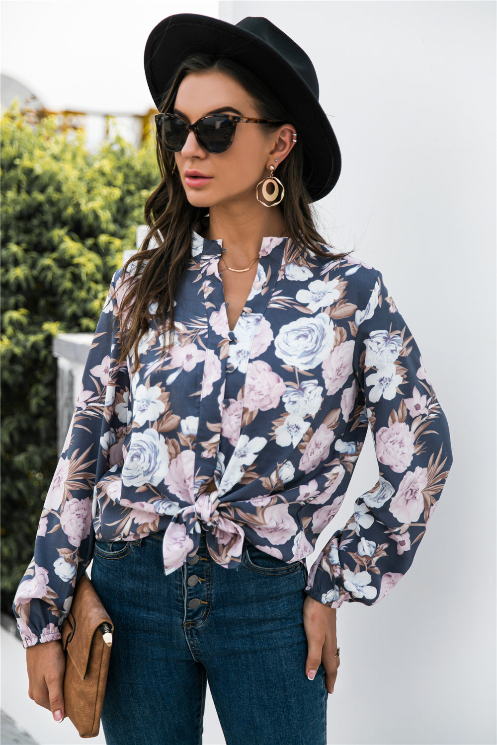 Floral Print Mock Neck Button Front Shirt-Street 360-Navy-S-Urbanheer