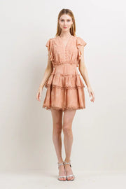 Ruffle Detail V Neck Mini Dress-Neon Blush-S-Urbanheer