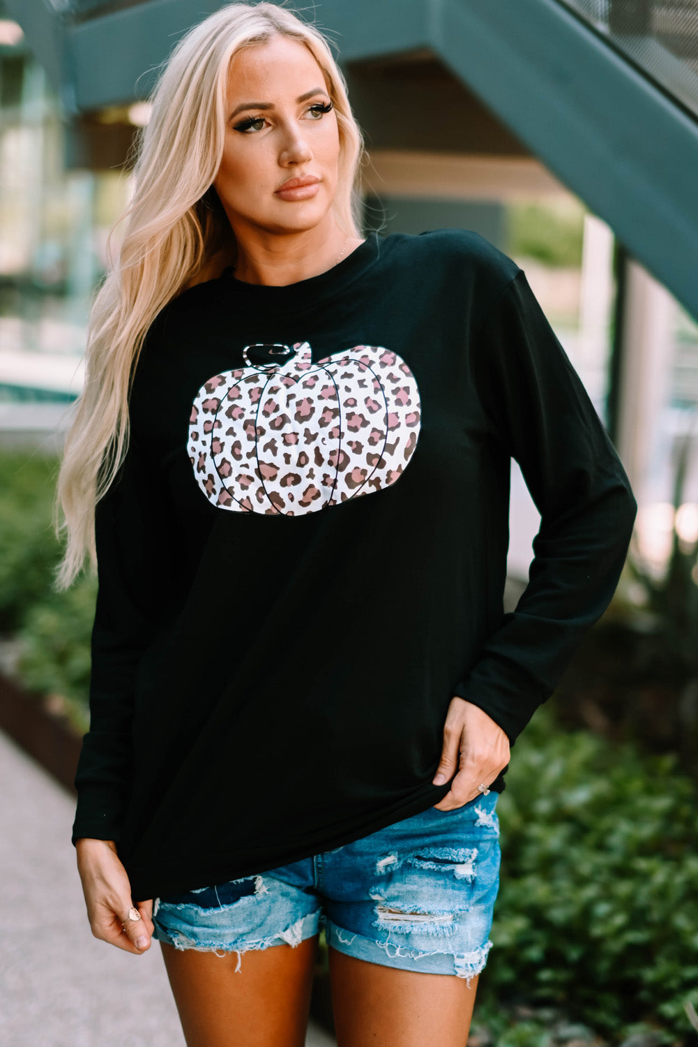 Halloween Animal Print Pumpkin Graphic Black Sweatshirt-UHXC-Black-(US 4-6)S-Urbanheer