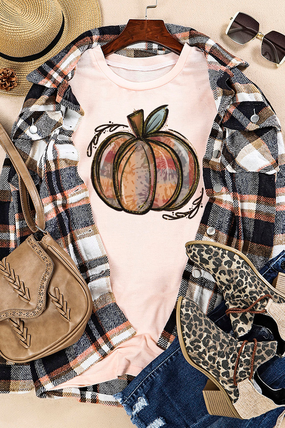 Pink Pumpkin Graphic Print Crew Neck T Shirt-UHXC-Pink-(US 4-6)S-Urbanheer