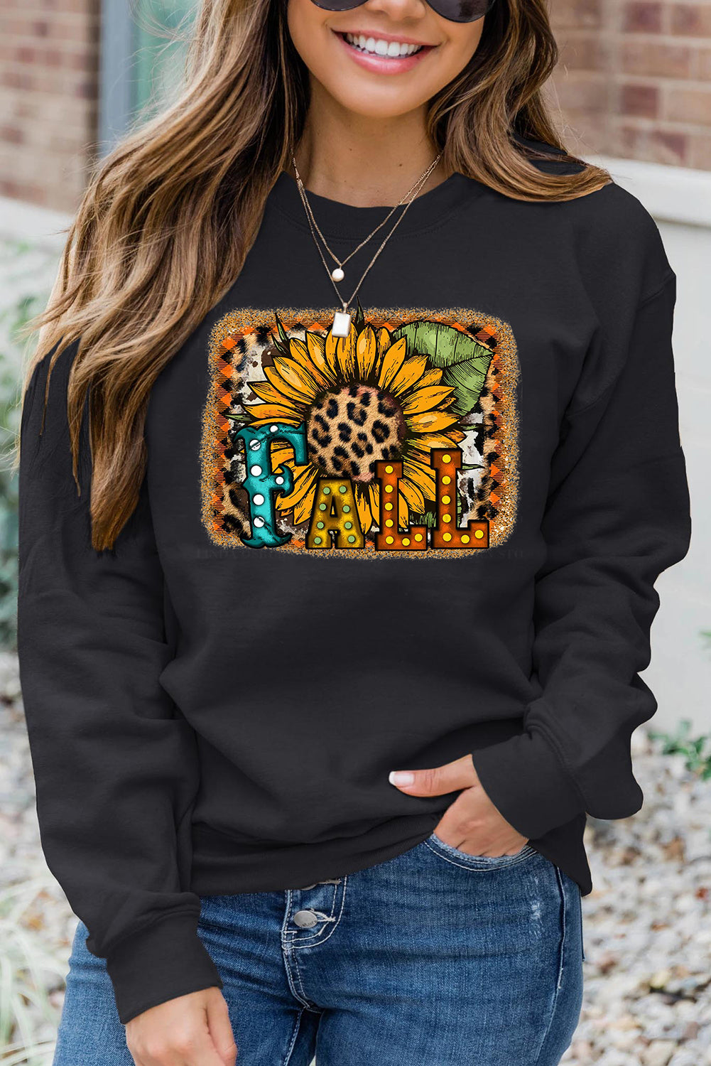 FALL Leopard Sunflower Print Halloween Graphic Sweatshirt-UHXC-Black-(US 4-6)S-Urbanheer