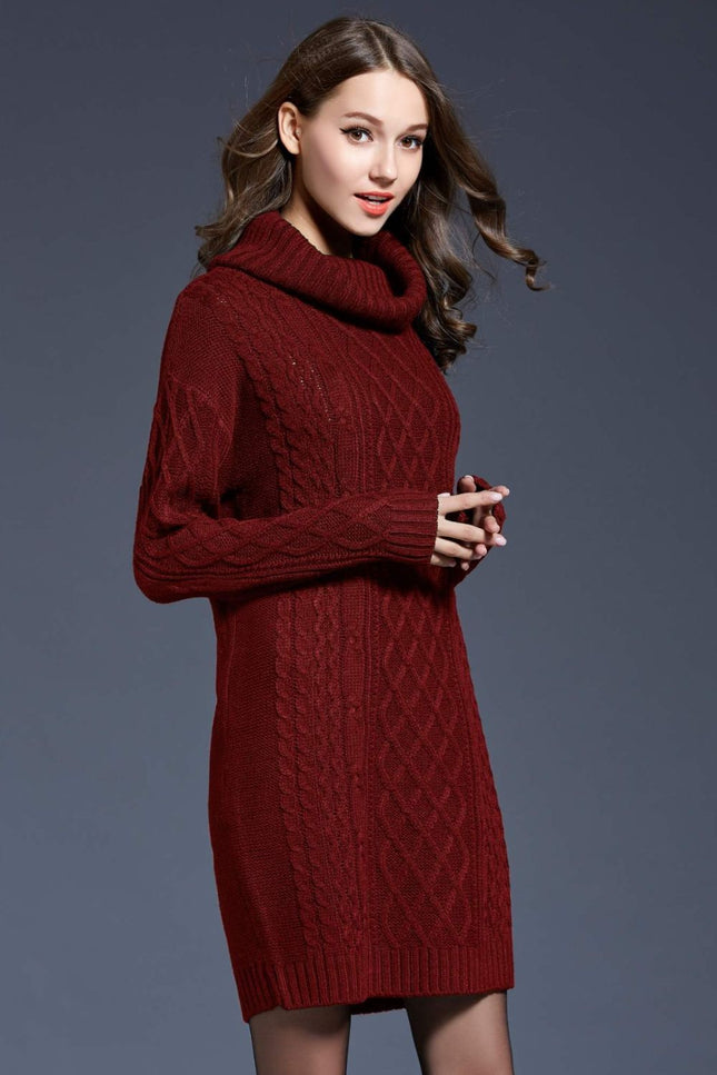 Full Size Mixed Knit Cowl Neck Dropped Shoulder Sweater Dress-Collab-Urbanheer