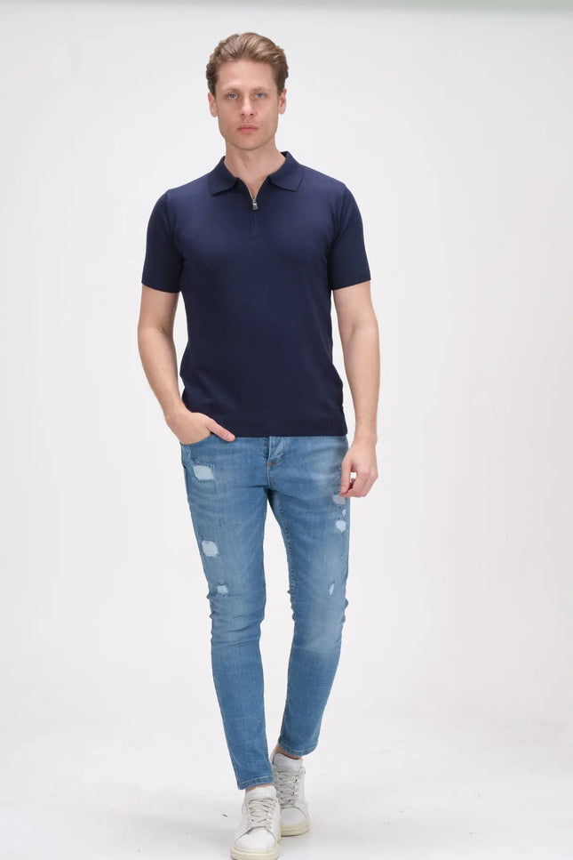 Zipper Knitted Polo Tee - Navy-Ron Tomson-Urbanheer