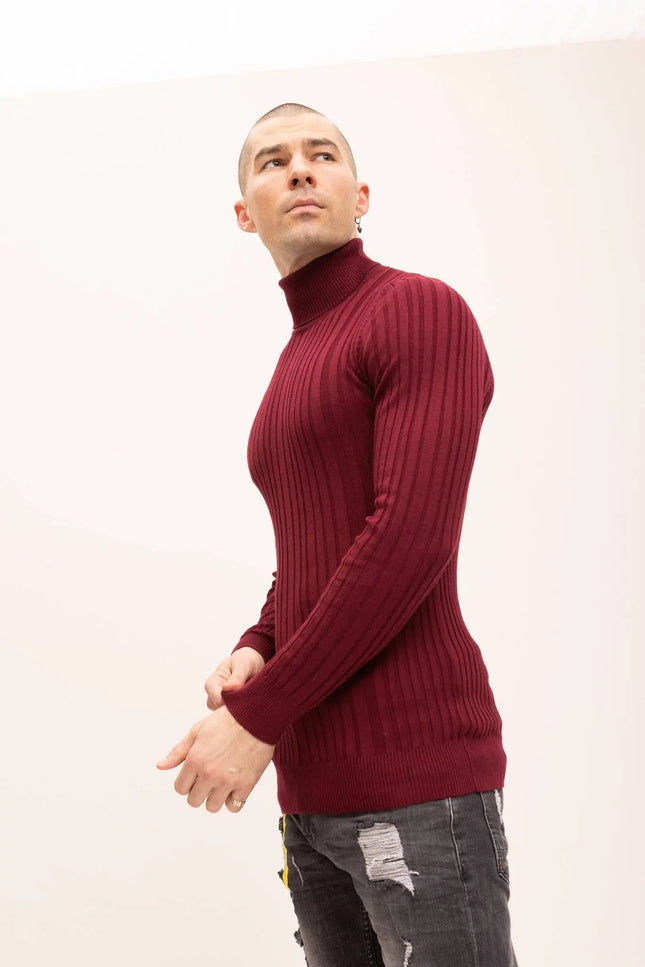 Roll Neck Ribbed Sweater - Burgundy-Clothing - Men-Ron Tomson-Urbanheer