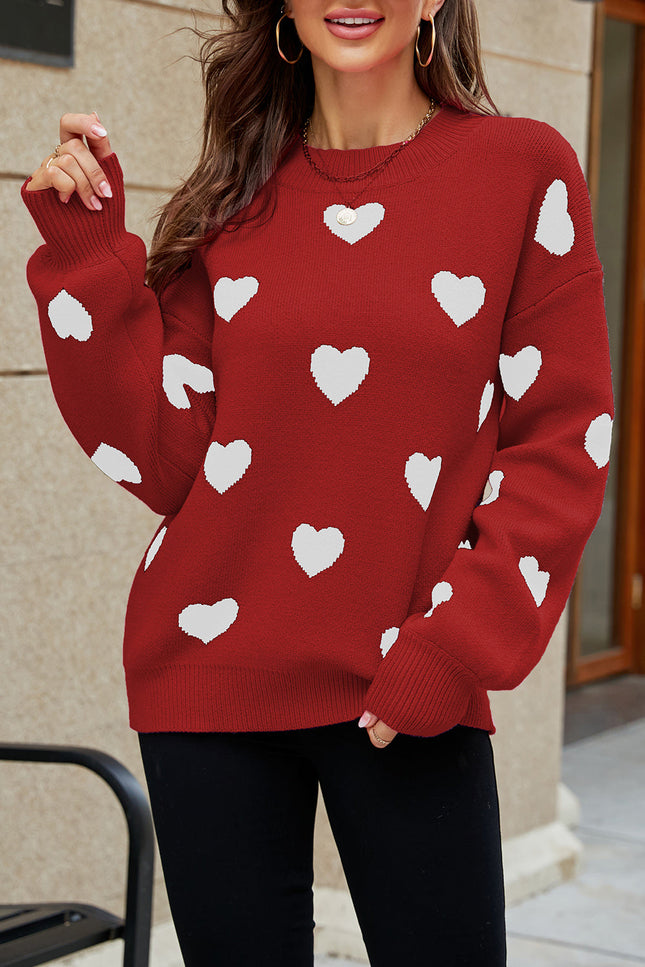 Heart Pattern Ribbed Trim Knit Sweater-Stay Warm in Style-RED-SMALL-Urbanheer