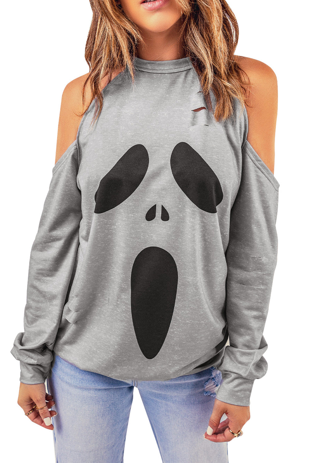Gray Distressed Halloween Ghost Cold Shoulder Sweatshirt-UHXC-Gray-(US 4-6)S-Urbanheer