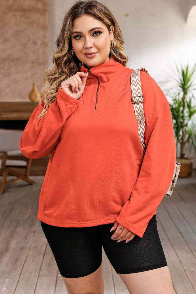 Plus Size Zip-Up Dropped Shoulder Sweatshirt-UHX-Orange-1X-Urbanheer