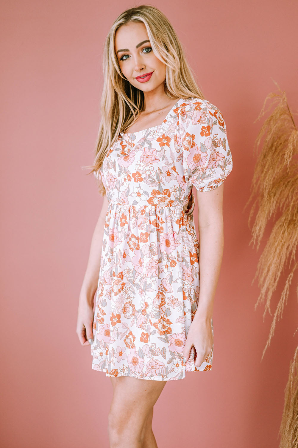 Floral Tie-Back Puff Sleeve Dress-Street 360-Blush Pink-S-Urbanheer