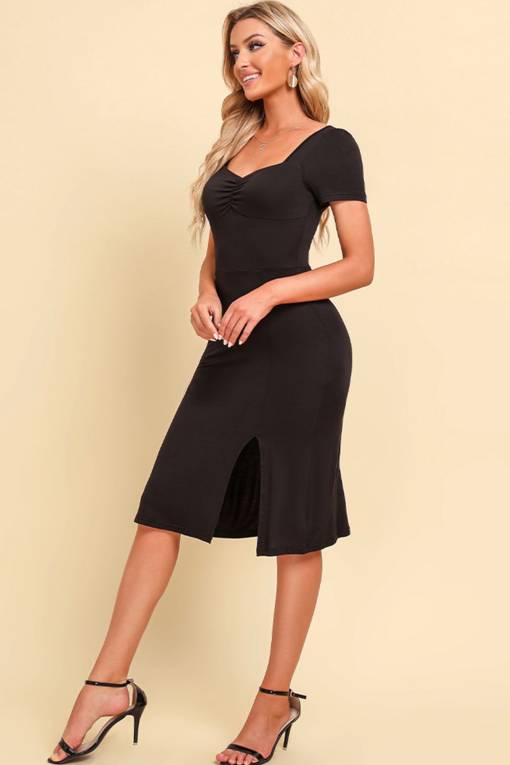 Ruched Sweetheart Neck Short Sleeve Slit Dress-Street 360-Black-S-Urbanheer