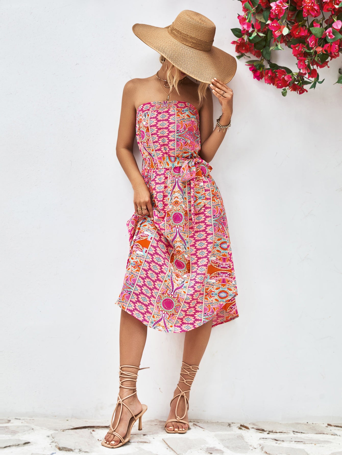 Printed Strapless Tie Belt Dress-Street 360-Hot Pink-S-Urbanheer