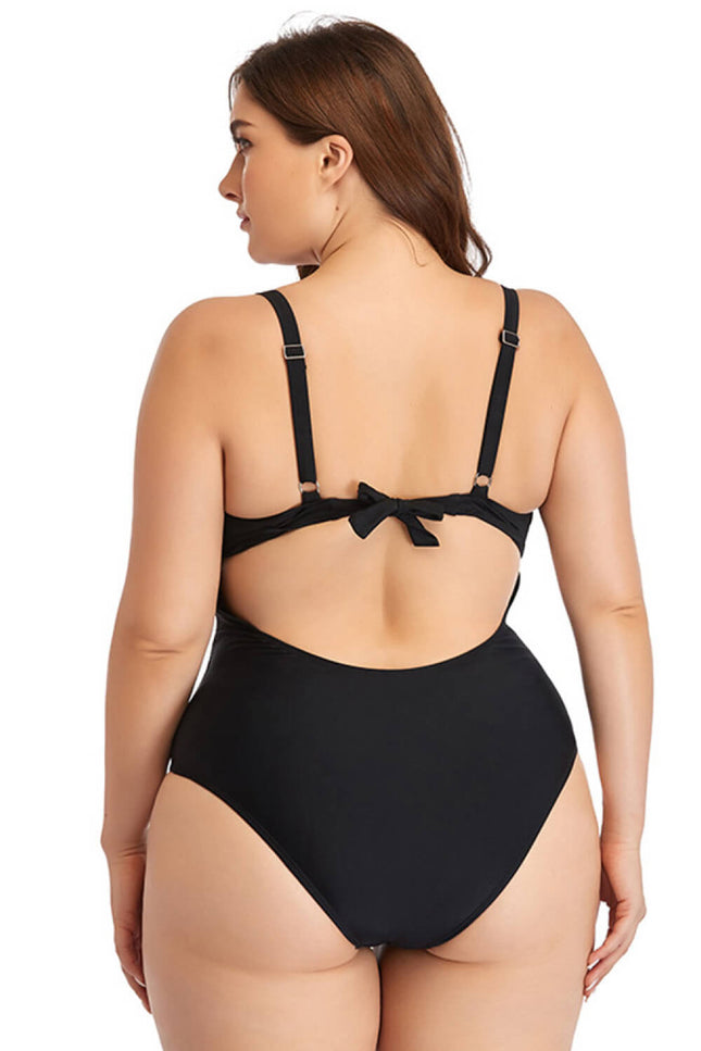 Plus Size Spliced Mesh Tie-Back One-Piece Swimsuit-UHX-Urbanheer